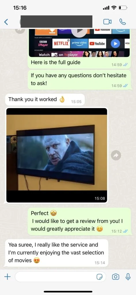 StreamQ IPTV WhatsApp Support Feedback Screenshot 1